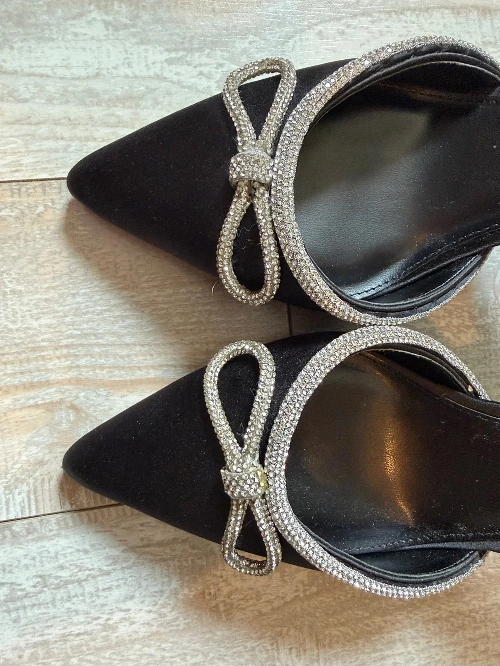 Steve Madden Black Satin Pointed Toe Mule Heels with Crystal Bow Trim